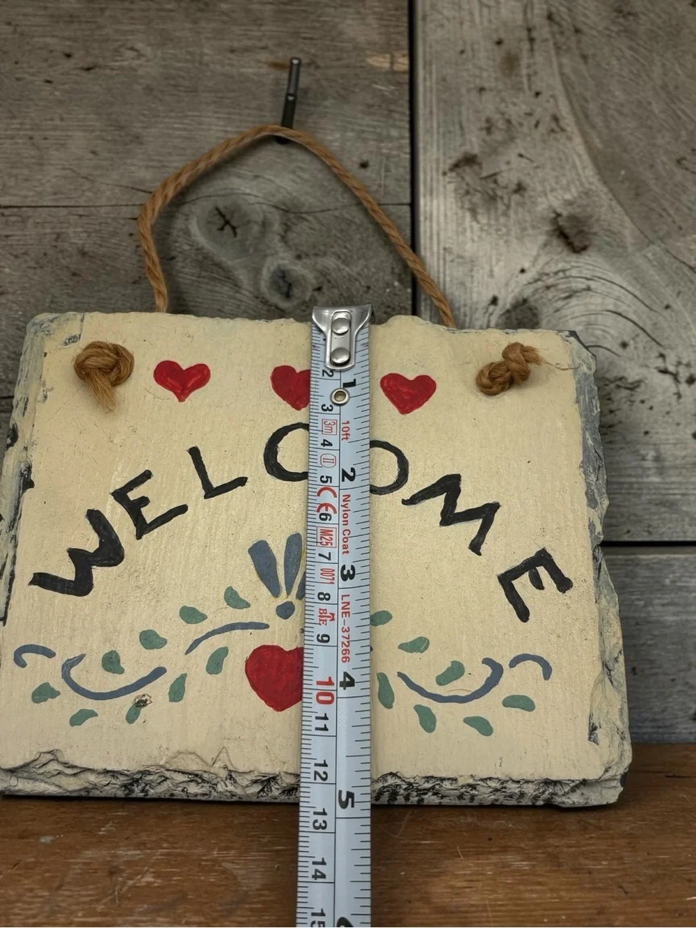 Vintage 80s-90s Hand Painted Slate Welcome Sign w/ Hearts Folk Art Ready To Hang